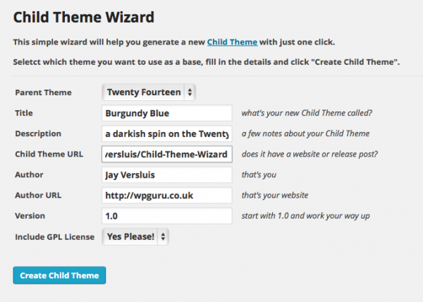 Child Theme Wizard in action