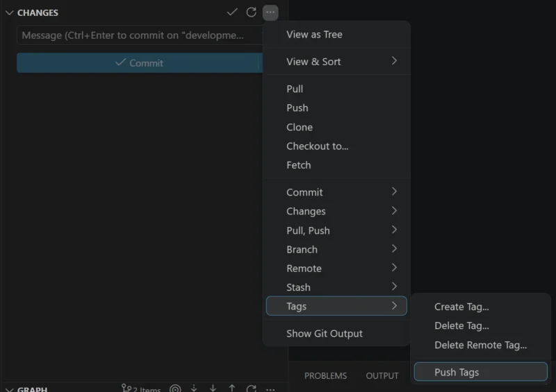 VS Code Source Control overflow menu with the Tags submenu open, showing Create Tag, Delete Tag, Delete Remote Tag and Push Tags