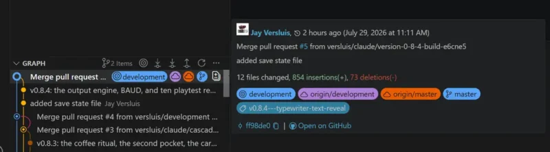 VS Code Git graph with the commit details panel showing a merge commit carrying four branch badges and the v0.8.4 tag